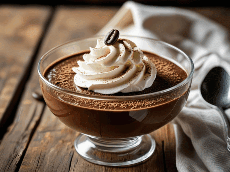 Espresso chocolate pudding topped with whipped cream and a coffee bean, served in a glass dessert bowl on a wooden surface.