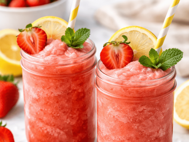 Two strawberry lemonade slushies in mason jars with lemon slices, strawberry halves, mint sprigs, and striped straws.
