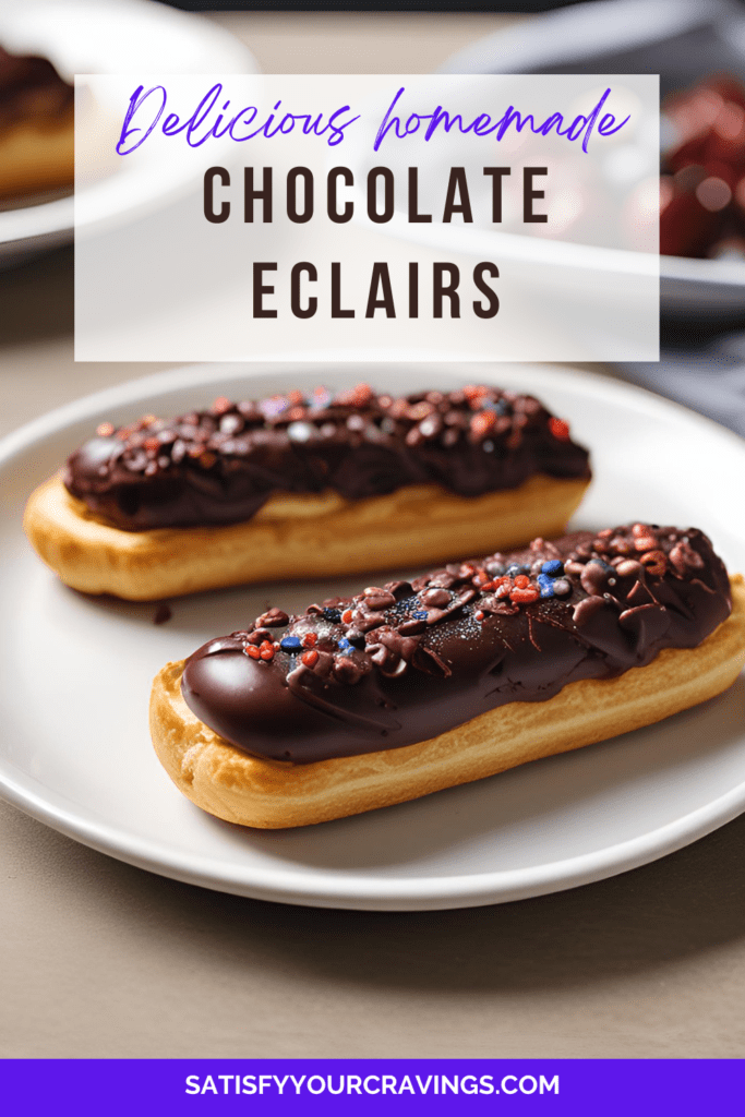 Two homemade chocolate éclairs topped with colorful sprinkles on a white plate, with the text "Delicious Homemade Chocolate Eclairs" and the website "SatisfyYourCravings.com." Perfect for dessert lovers and baking enthusiasts. #ChocolateEclairs #DessertRecipes #HomemadeBaking #SatisfyYourCravings