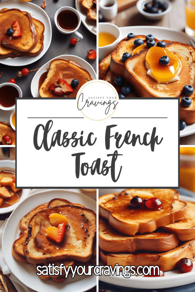 A collage of beautifully styled Classic French Toast with Maple Syrup topped with fresh fruits like strawberries, blueberries, and peaches, featuring the logo of "Satisfy Your Cravings" and the website satisfyourcravings.com.