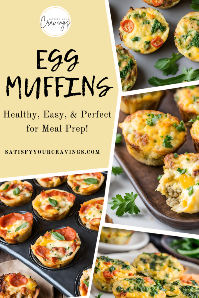 A collage of delicious, colorful egg muffins in various styles and settings. The muffins are garnished with fresh herbs and vegetables, showcasing their vibrant and appealing appearance. Text overlay reads, "Egg Muffins - Healthy, Easy, & Perfect for Meal Prep! SatisfyYourCravings.com."