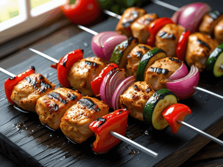grilled chicken skewers with vegetables on a black surface near a window with daylight
