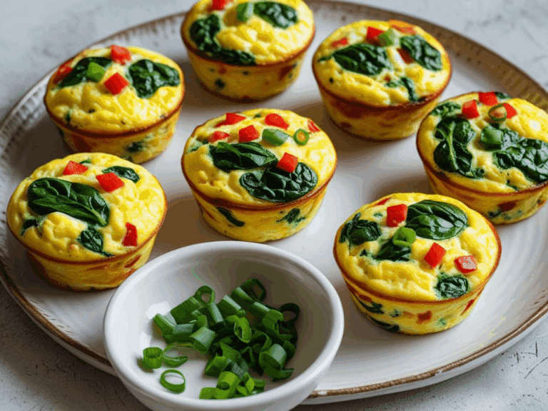 Seven baked egg muffins served on a white plate with a bowl of chopped green onions on the side.