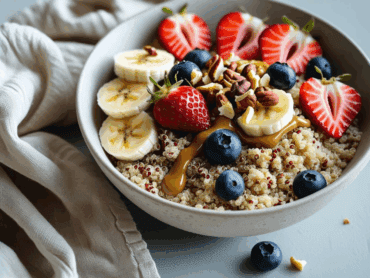 Fresh quinoa bowl with scattered blueberries, banana slices, strawberries, and nut butter