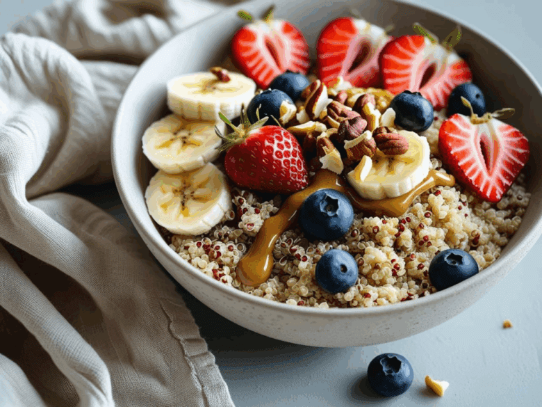 Fresh quinoa bowl with scattered blueberries, banana slices, strawberries, and nut butter