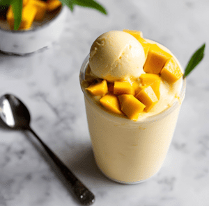 Gourmet mango frozen yogurt in a glass, topped with a scoop and diced mango pieces on a marble countertop.