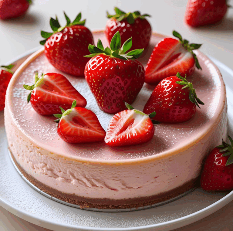 Slice of strawberry cheesecake with chunks of strawberries inside.