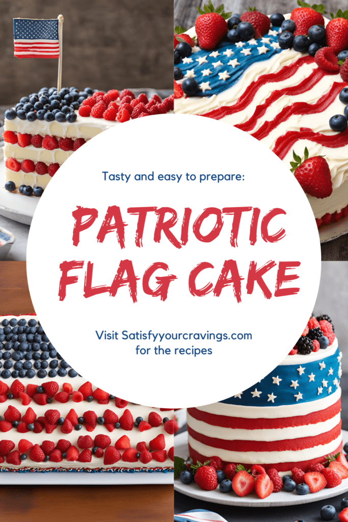 Patriotic Flag Cake collage showcasing different styles of flag cakes decorated with fresh berries. Perfect for Fourth of July celebrations, these festive and easy-to-make desserts are featured on Satisfy Your Cravings food blog. Visit Satisfyyourcravings.com for the recipes.