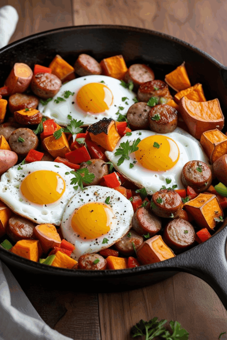 Sausage and sweet potato skillet with eggs and bell peppers
