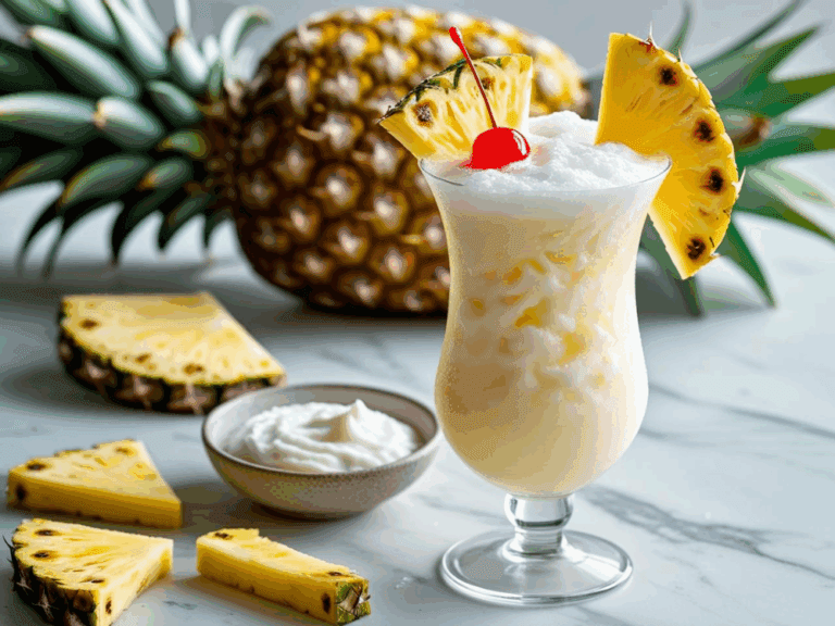 Piña Colada with cherry and pineapple, surrounded by fruit and coconut cream