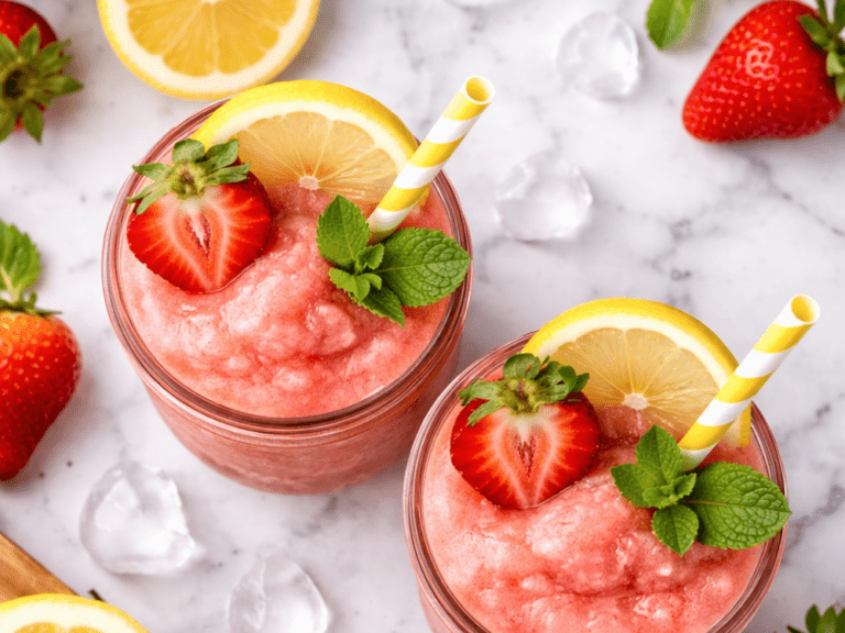 Top-down close view of two strawberry lemonade slushies with lemon slices, strawberries, mint, and ice on marble.