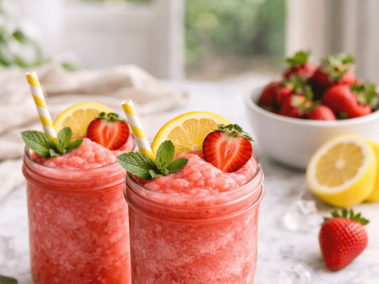 Lifestyle scene of two strawberry lemonade slushies on a marble counter with a bowl of strawberries, lemon halves, mint, and ice in the background.