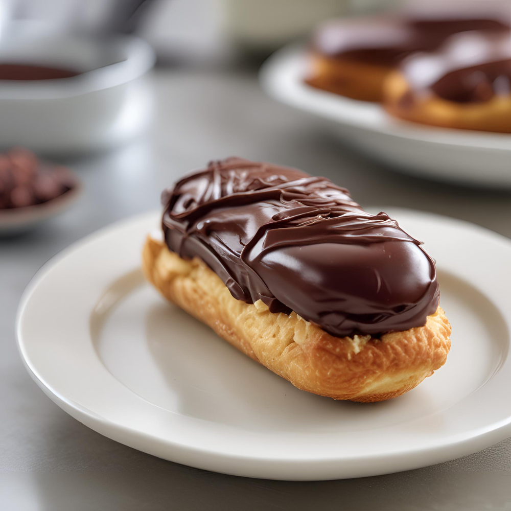 Close-up of a homemade chocolate éclair on a white plate, featuring crisp choux pastry filled with creamy pastry cream and topped with a glossy chocolate glaze. Perfect French dessert recipe for baking enthusiasts.