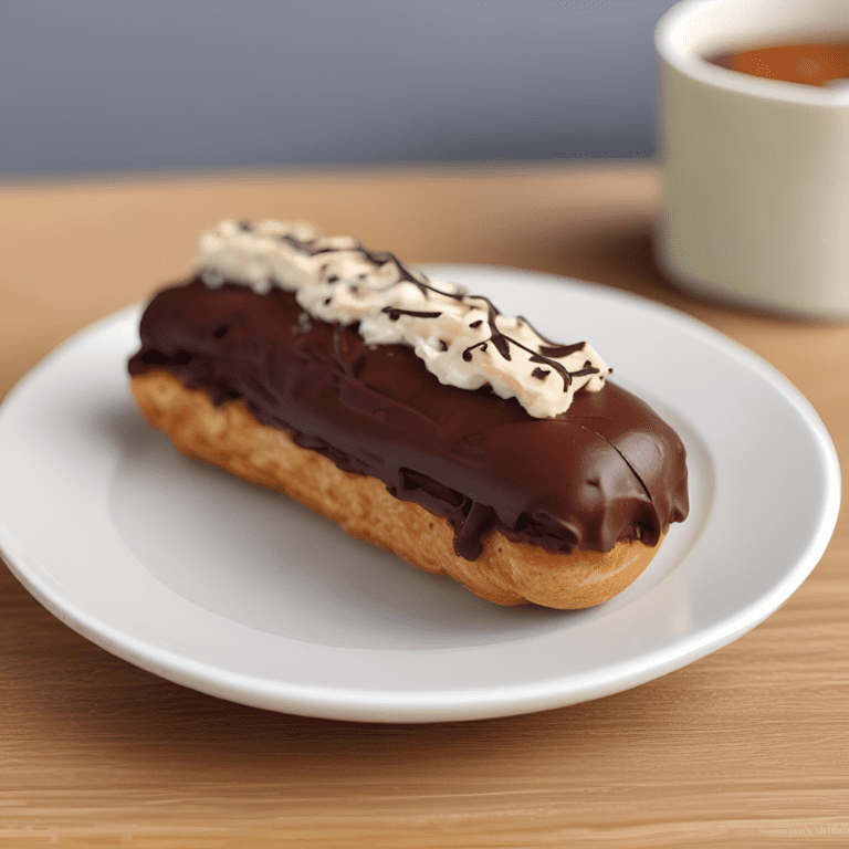 A single homemade chocolate éclair topped with a creamy filling and decorative chocolate drizzle, served on a white plate. A cup of coffee is visible in the background, enhancing the perfect dessert setting. Ideal for dessert lovers and home bakers. #ChocolateEclairs #DessertRecipes #FrenchPastry #SatisfyYourCravings