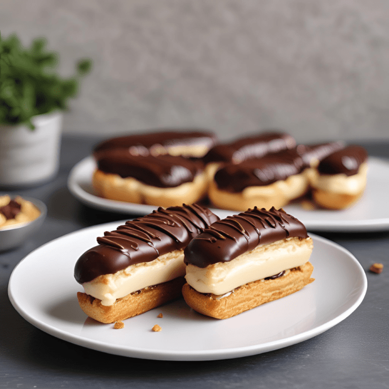 A plate of homemade chocolate éclairs with creamy filling and glossy chocolate glaze, set on a white plate. Additional éclairs are visible in the background, showcasing the delicious and elegant French pastry. Perfect for dessert lovers and baking enthusiasts. #ChocolateEclairs #DessertRecipes #FrenchPastry #SatisfyYourCravings