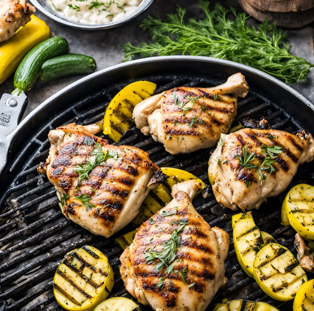 Grilled chicken thighs with fresh herbs and summer squash on a grill.