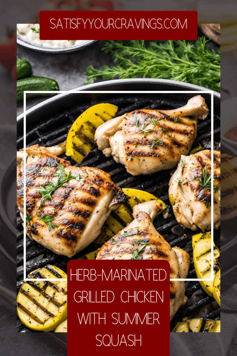Grilled chicken thighs with summer squash and herbs on a grill, with text overlay "Herb-Marinated Grilled Chicken with Summer Squash" and "SatisfyYourCravings.com."