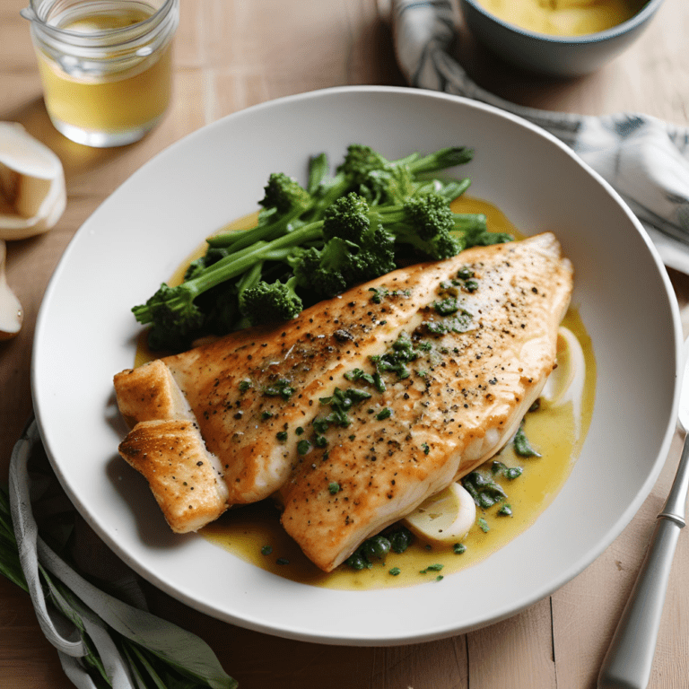 Here is the image of the pan-seared catfish with garlic butter, elegantly plated on a white dish. The golden-brown fillet is garnished with fresh herbs and served alongside steamed broccoli, with a rich garlic butter sauce pooling beneath. A glass of white wine and additional sauce are visible in the background, enhancing the gourmet presentation. This mouthwatering dish is perfect for a dinner recipe feature on 'Satisfy Your Cravings.' #PanSearedCatfish #GarlicButterRecipe #HealthyDinner #SatisfyYourCravings