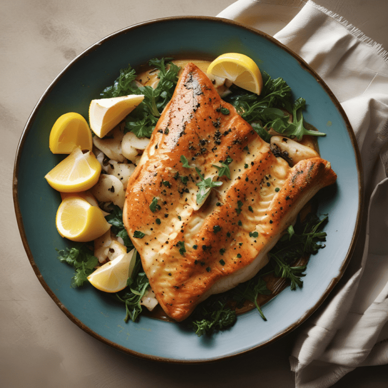 Here is the image of the pan-seared catfish with garlic butter, beautifully presented on a blue plate. The golden-brown fillet is garnished with fresh herbs and served on a bed of greens with lemon wedges for added zest. This visually appealing and delicious dish is a perfect feature for a dinner recipe on 'Satisfy Your Cravings.' #PanSearedCatfish #GarlicButterRecipe #HealthyDinner #SatisfyYourCravings #DinnerIdeas