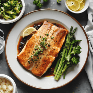 Here is the image of the pan-seared catfish with garlic butter, beautifully presented on a white plate. The dish features a perfectly golden-brown fillet garnished with fresh herbs, accompanied by steamed broccoli and lemon wedges. A small bowl of salad and lemon slices are visible in the background, adding to the vibrant, healthy appeal of this delicious meal. Ideal for a dinner recipe post on your food blog, 'Satisfy Your Cravings.