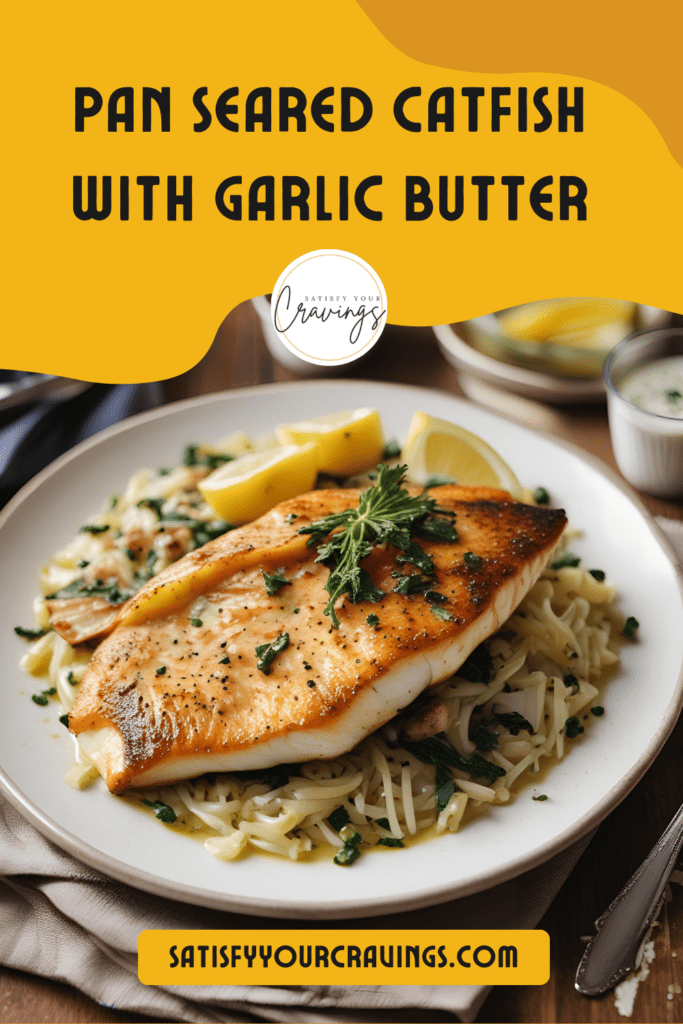 Savor the Flavors of Pan-Seared Catfish with Garlic Butter! This delectable dish is a perfect combination of crispy seared catfish and rich garlic butter sauce, served over a bed of seasoned noodles. Get the full recipe on 'Satisfy Your Cravings' and transform your dinner menu. #PanSearedCatfish #GarlicButter #SatisfyYourCravings #DinnerRecipes #HealthyEating