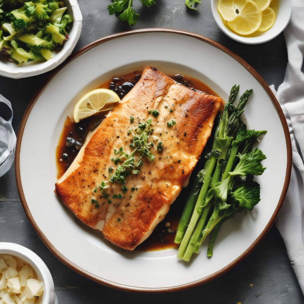 Here is the image of the pan-seared catfish with garlic butter, beautifully presented on a white plate. The dish features a perfectly golden-brown fillet garnished with fresh herbs, accompanied by steamed broccoli and lemon wedges. A small bowl of salad and lemon slices are visible in the background, adding to the vibrant, healthy appeal of this delicious meal. Ideal for a dinner recipe post on your food blog, 'Satisfy Your Cravings.