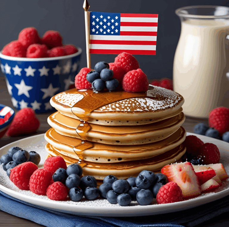 Stack of fluffy pancakes topped with syrup, raspberries, blueberries, and an American flag.