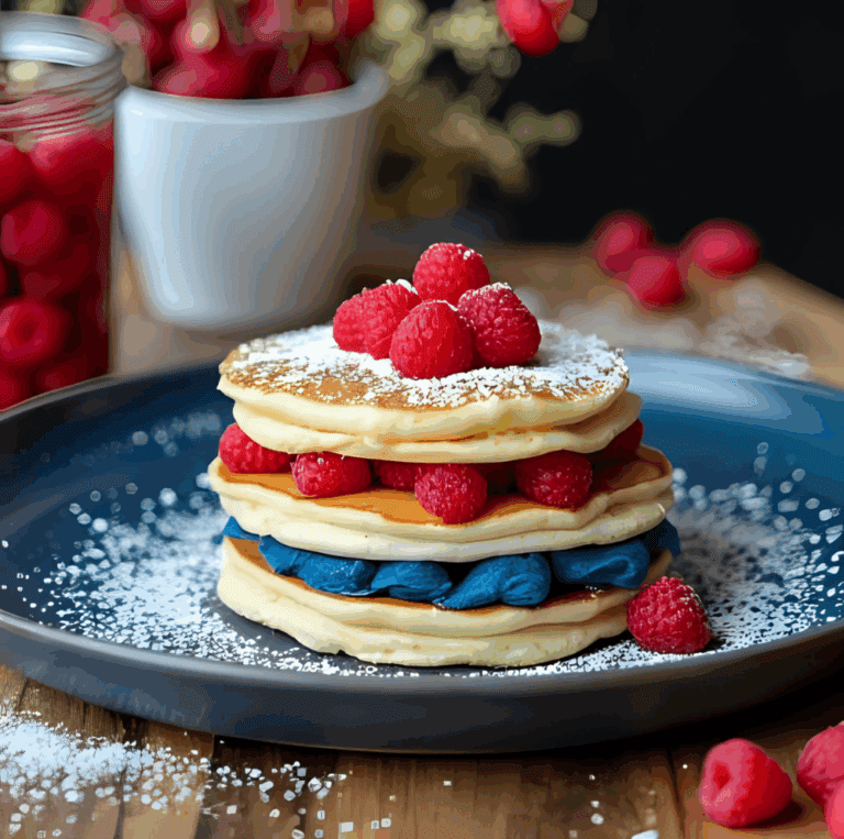 Stack of pancakes layered with blue filling, topped with raspberries and powdered sugar.