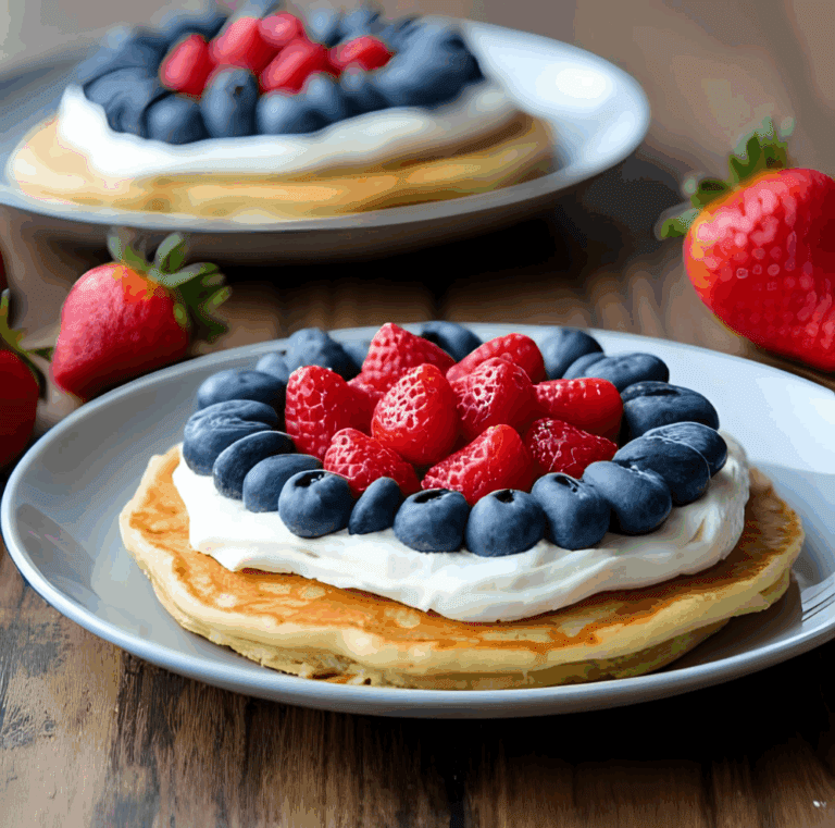 Pancake topped with whipped cream, blueberries, and raspberries arranged in a circular patriotic pattern.