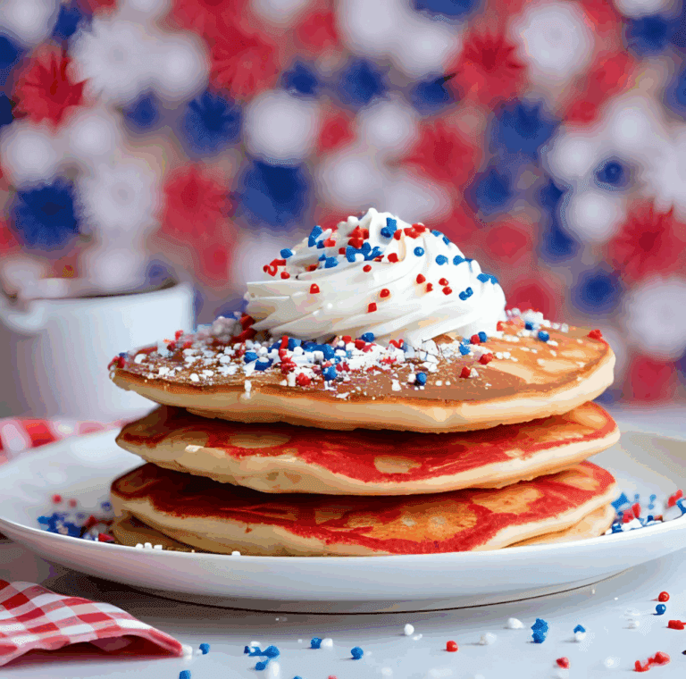 Stack of pancakes with whipped cream and red, white, and blue sprinkles against a festive starburst background.