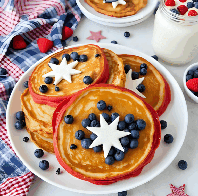 Pancakes with red edges, blueberries, and white star-shaped decorations on a patriotic tablecloth.