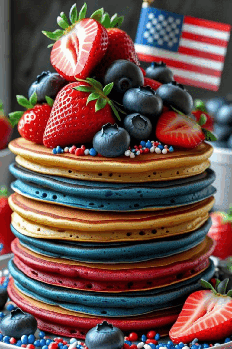 Stack of red, white, and blue layered pancakes topped with strawberries, blueberries, and sprinkles.