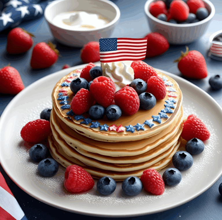 Pancake stack decorated with raspberries, blueberries, whipped cream, and edible star sprinkles.