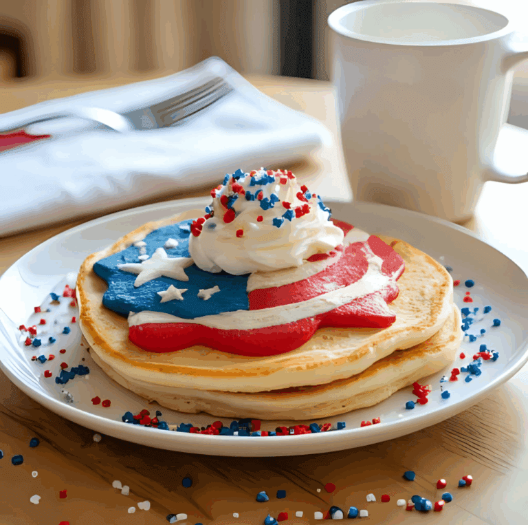 Pancake decorated like an American flag using red, white, and blue icing with whipped cream and sprinkles.