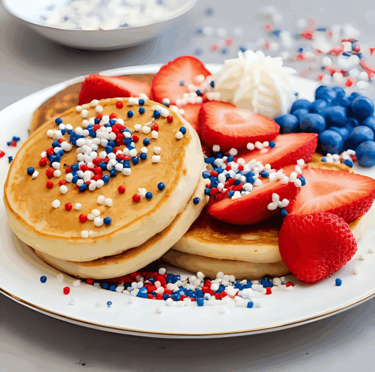 Fluffy mini pancakes topped with strawberries, blueberries, whipped cream, and red-white-blue sprinkles.