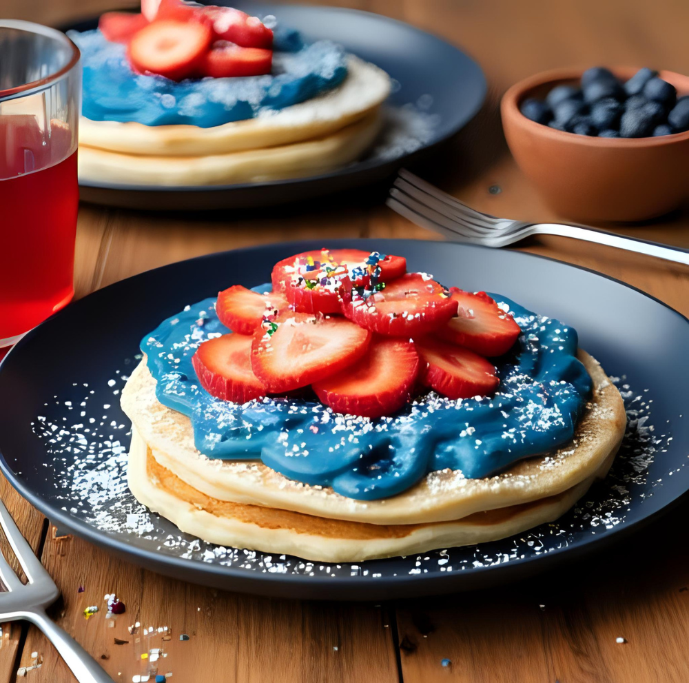 Pancakes with blue frosting, topped with sliced strawberries and powdered sugar.