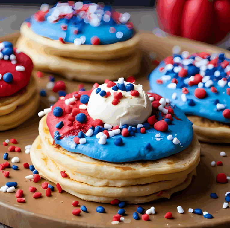 Pancakes topped with red and blue frosting, whipped cream, and patriotic candy sprinkles.