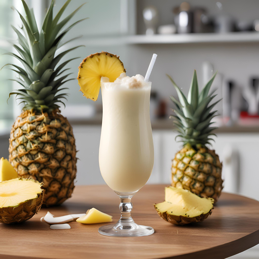 Refreshing Easy Piña Colada in a glass garnished with a pineapple slice, surrounded by fresh pineapples on a wooden table in a bright, modern kitchen.