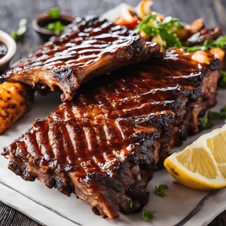 Perfectly grilled BBQ ribs with a glossy, smoky glaze, served with fresh lemon wedges and vibrant side dishes. Ideal for summer cookouts and family gatherings. Get the full recipe and grilling tips on Satisfy Your Cravings food blog. #GrilledBBQRibs #BBQRecipes #SummerCookout #SatisfyYourCravings