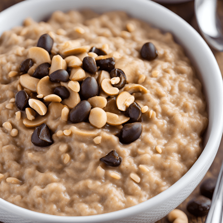 A close-up of creamy peanut butter oatmeal topped with chocolate chips and chopped peanuts.