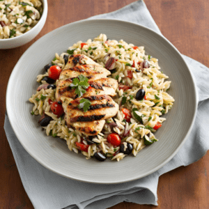 A plate of Mediterranean Chicken and Orzo Salad with grilled chicken breast, cherry tomatoes, black olives, and fresh herbs on a light gray plate.