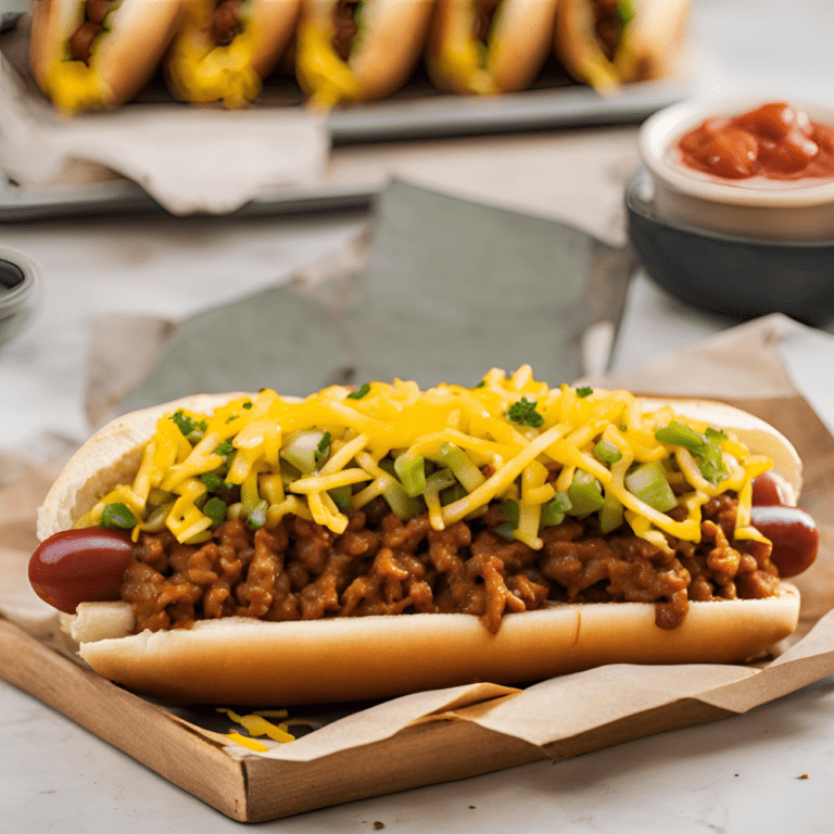 Chili Coney Dog with cheddar cheese and onions on a wooden tray