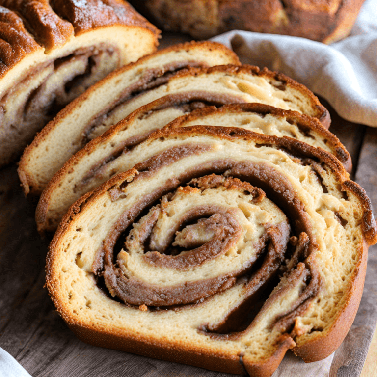 Sliced Homemade Cinnamon Swirl Bread with a rich cinnamon filling