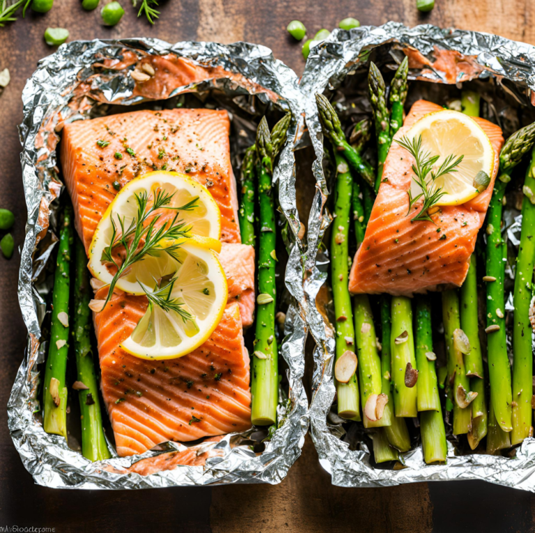 Two salmon fillets with asparagus and lemon slices in foil packets.