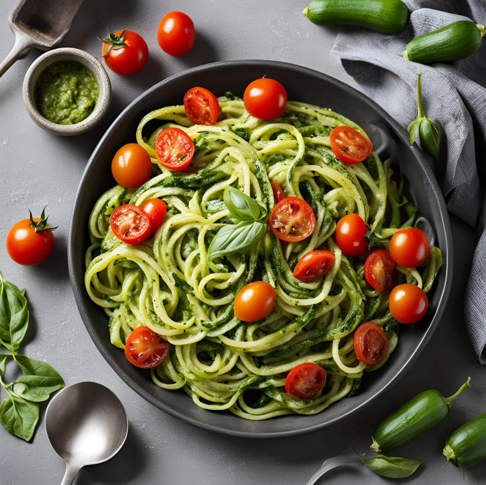 A white bowl filled with zucchini noodles, vibrant green pesto, and halved cherry tomatoes, garnished with fresh basil leaves and a sprinkle of Parmesan cheese.