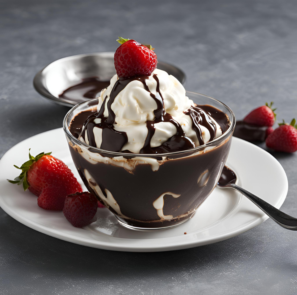 Hot fudge sundae with vanilla ice cream, whipped cream, and fresh strawberries.