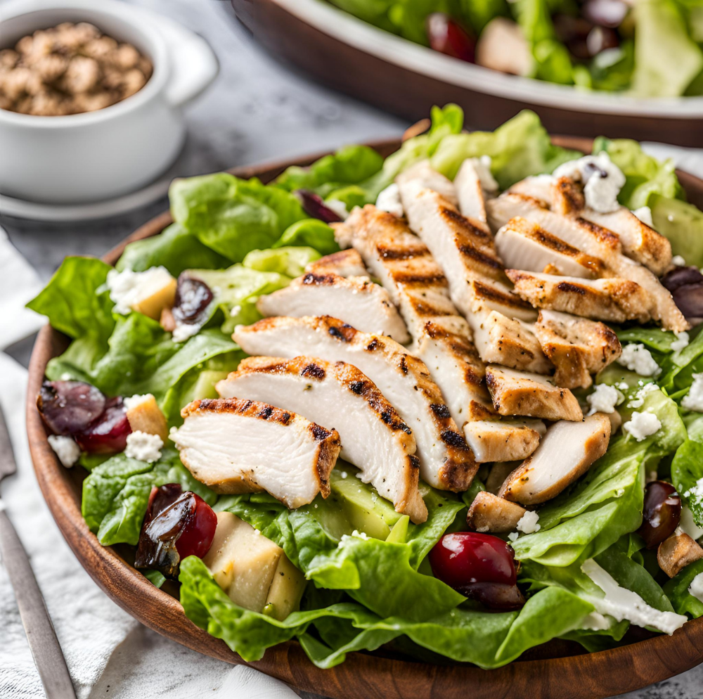 Grilled chicken Caesar salad with cherry tomatoes and shaved Parmesan in a wooden bowl.