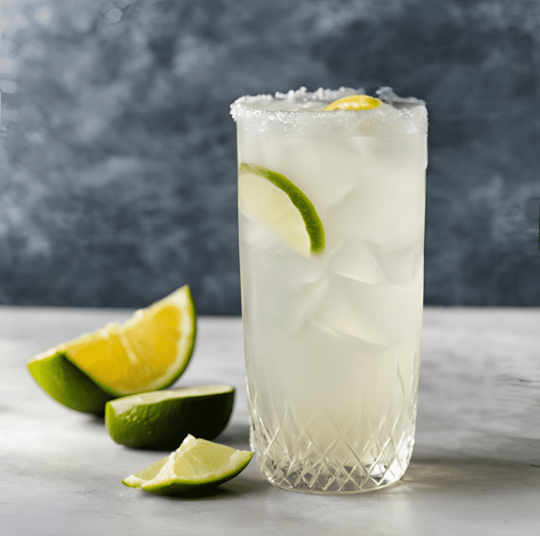 A tall glass of Tequila Collins cocktail garnished with a lemon wheel, with lime wedges on a marble surface.