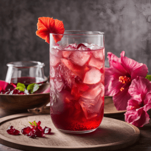 A glass of iced hibiscus tea filled with ice cubes and garnished with a hibiscus flower, set on a wooden tray with hibiscus petals and a small bowl of hibiscus tea in the background.