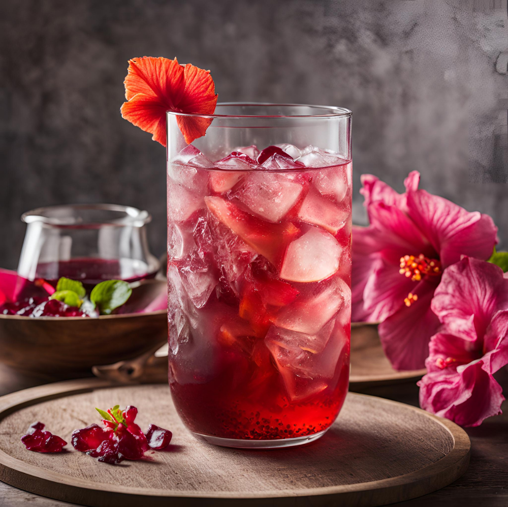 A glass of iced hibiscus tea filled with ice cubes and garnished with a hibiscus flower, set on a wooden tray with hibiscus petals and a small bowl of hibiscus tea in the background.